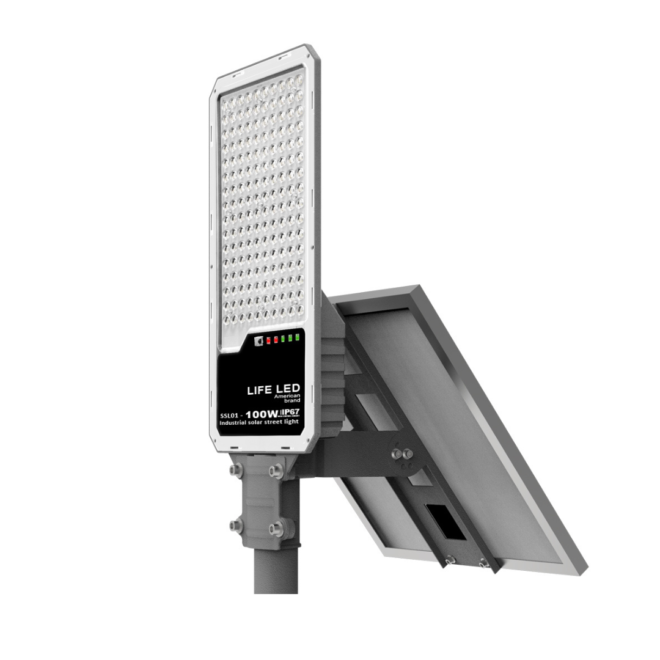 LIFELED LED Solar Street Light SSL01-100W-WW CW, 100W, CRI 75, 90° beam angle, 1600 lumens, 3000K/6000K CCT."