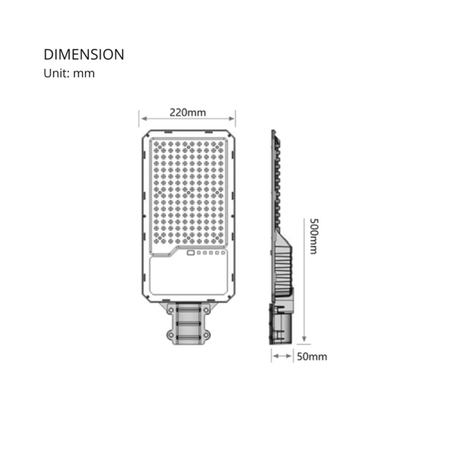 LIFELED LED Solar Street Light SSL01-100W-WW CW, 100W, CRI 75, 90° beam angle, 1600 lumens, 3000K/6000K CCT."