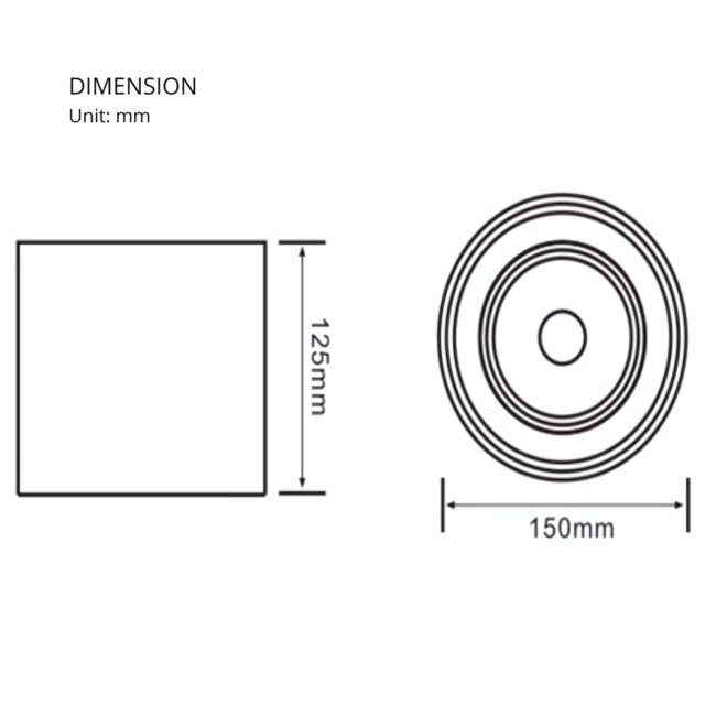 HIGH-SUR-R36 surface-mounted downlight featuring 36W LED power, a luminous flux of 3645 lumens, a CRI greater than 80, and a color temperature of 3000K, operating at AC85-265V