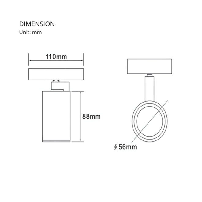 SUR-MR16-BK surface-mounted downlight with a 36W LED, MR16 socket, 30,000 hours lifetime, and weighing 300g, compatible with AC85-265V