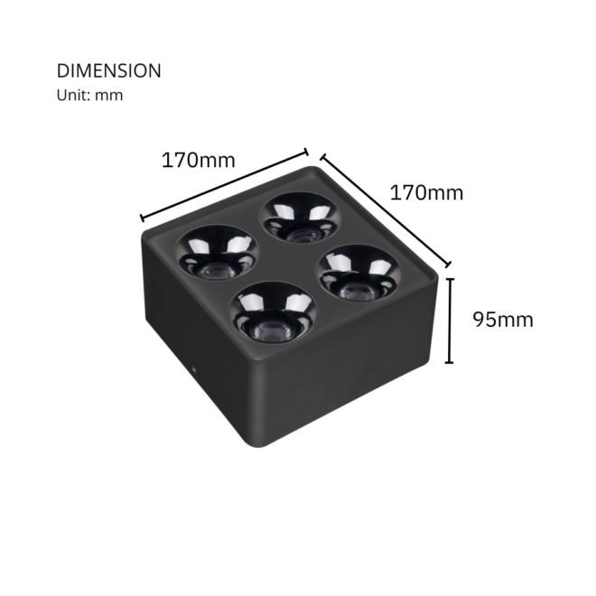 UNIBOX-32W surface-mounted downlight featuring a 32W LED, CRI of 80, luminous flux of 2880LM, color temperature of 3000K, and operating voltage of AC220-240V, 50-60Hz