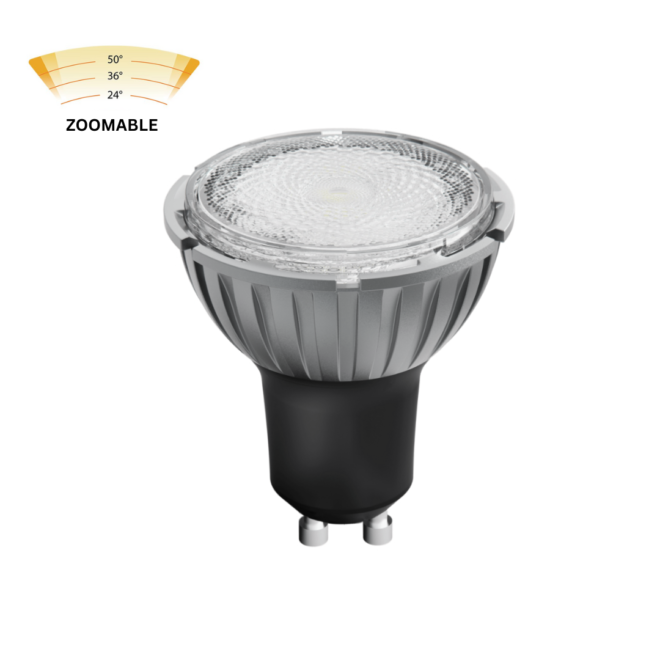 LIFELED LED Spot Light ROCK-FIN-7.5W-3K-ZOOM, 7.5W, GU10 base, selectable beam angles 24°/36°/55°, 520 lumens, 3000K CCT